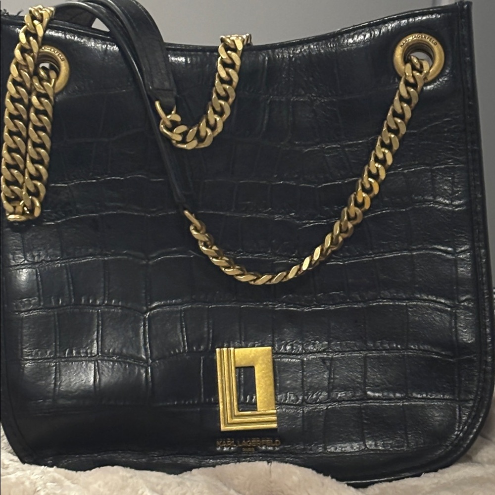 Karl Lagerfeld Paris Black Croc-Embossed Leather gold chain strap hobo bag - Picture 15 of 16